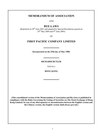 Memorandum of Association and Bye-laws - First Pacific Company ...