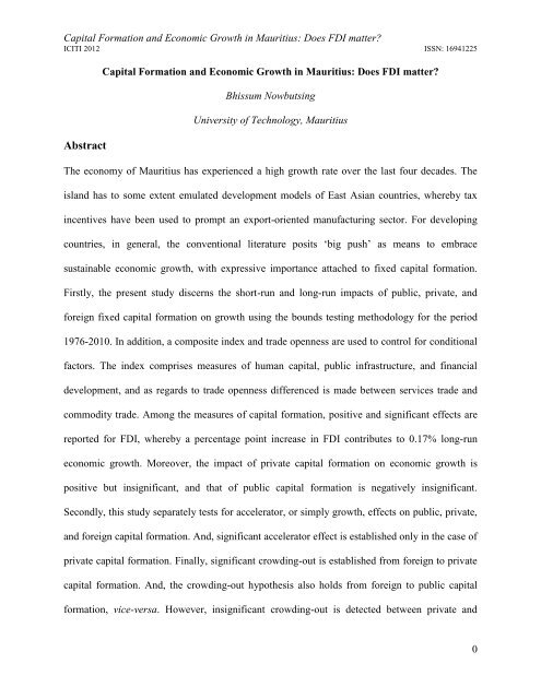 Capital Formation and Economic Growth in Mauritius