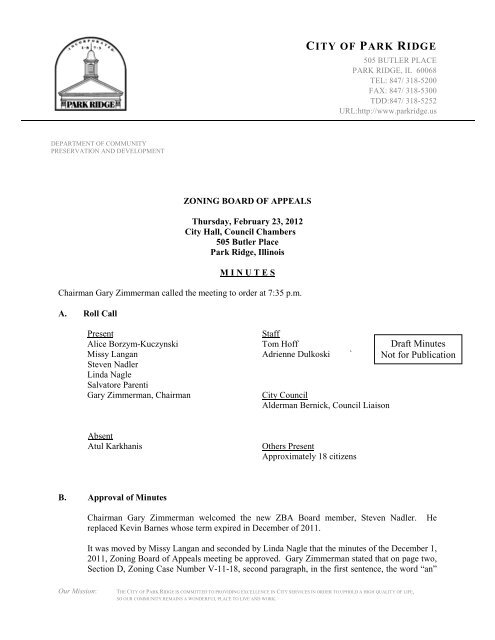 Draft Minutes for February 23, 2012 - City of Park Ridge