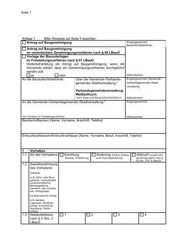 Antrag auf Baugenehmigung - Verbandsgemeinde WeiÃenthurm