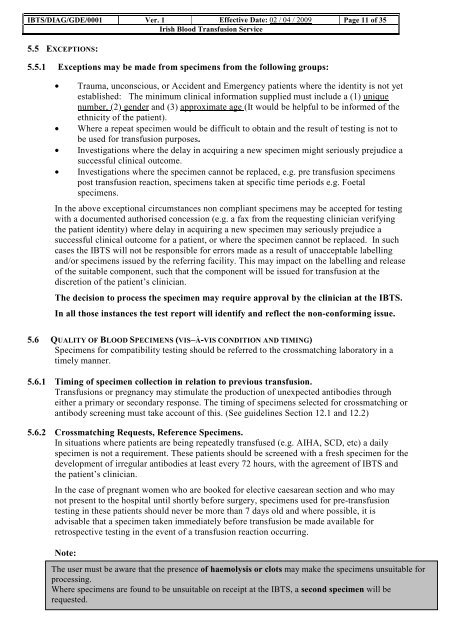 Primary Specimen & User Manual - Irish Blood Transfusion Service