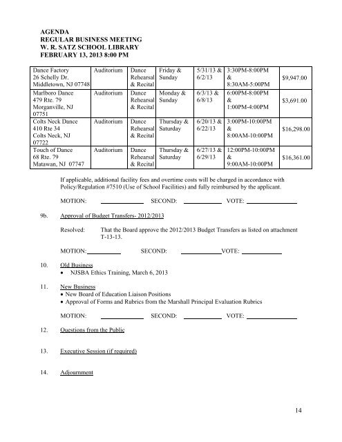 agenda regular business meeting wr satz school library ... - Holmdel