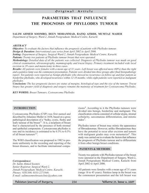 Parameters that influence the prognosis of Phyllodes tumour