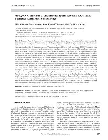 Phylogeny of Hedyotis L. (Rubiaceae: Spermacoceae): Redefining a ...