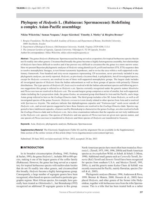 Phylogeny of Hedyotis L. (Rubiaceae: Spermacoceae): Redefining a ...