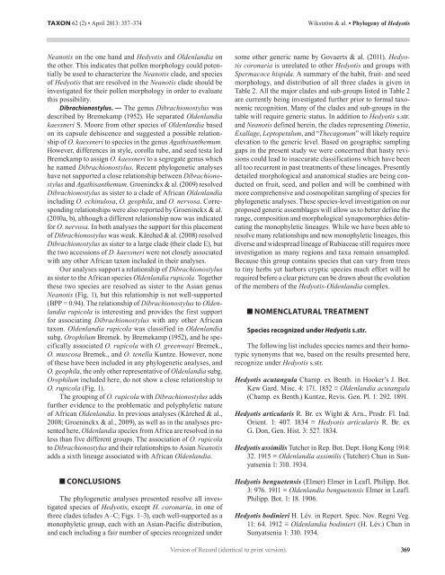 Phylogeny of Hedyotis L. (Rubiaceae: Spermacoceae): Redefining a ...