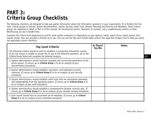 PART 3: Criteria Group Checklists - Records Management