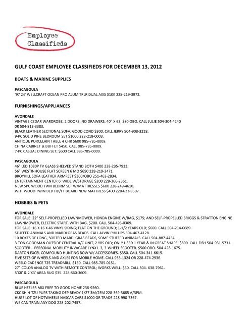 GULF COAST EMPLOYEE CLASSIFIEDS FOR DECEMBER 13, 2012