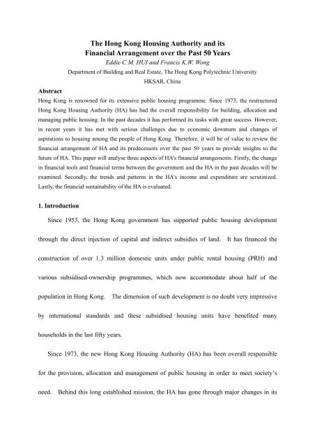 The Hong Kong Housing Authority and its Financial Arrangement ...