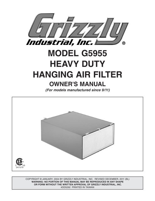 MODEL G5955 HEAVY DUTY HANGING AIR FILTER - Grizzly.com