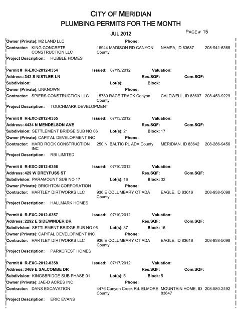 CITY OF MERIDIAN PLUMBING PERMITS FOR THE MONTH