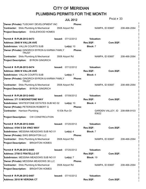 CITY OF MERIDIAN PLUMBING PERMITS FOR THE MONTH