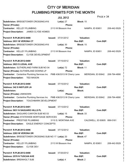 CITY OF MERIDIAN PLUMBING PERMITS FOR THE MONTH