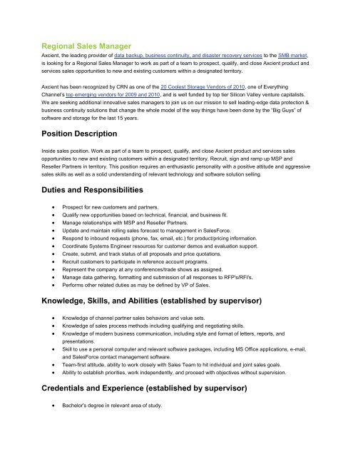 Regional Sales Manager Position Description Duties and ... - Students