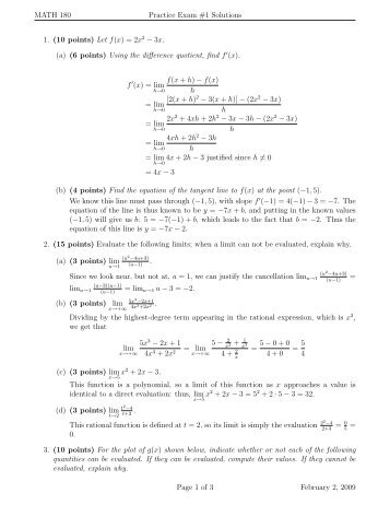 MATH 180 Practice Exam #1 Solutions 1. (10 points) Let f(x)=2x2 ...