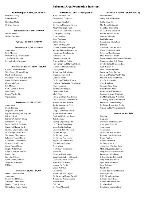 Fairmont Area Foundation Investors - Fairmont, Minnesota