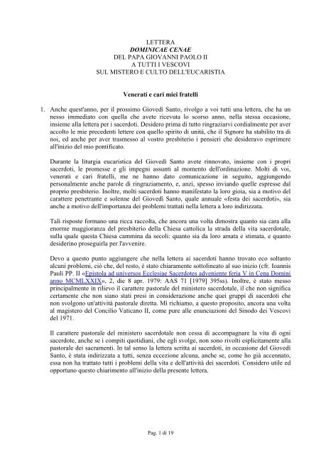 LETTERA DOMINICAE CENAE DEL PAPA GIOVANNI PAOLO II A ...