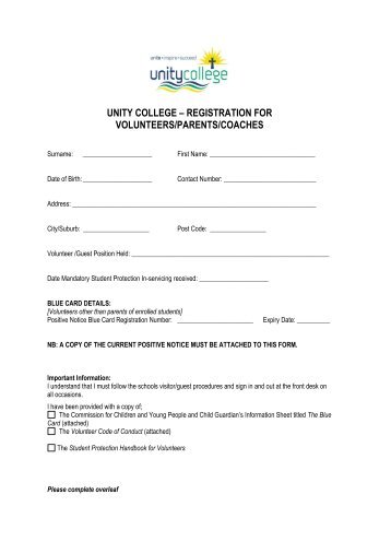 School Registration Sheet - Unity College