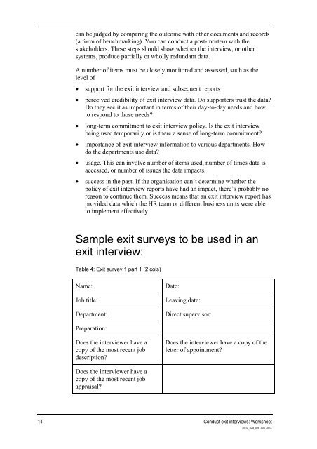 Conduct exit interviews worksheet - Flexible Learning Toolboxes