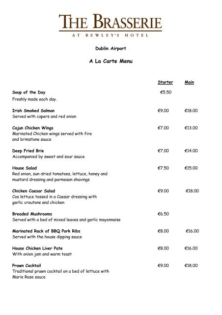 A La Carte Menu