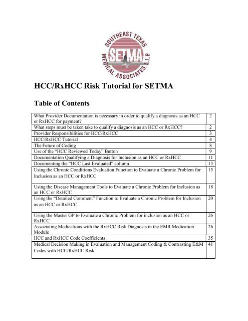 HCC/RxHCC Risk Tutorial for SETMA Table of Contents - Setma.com