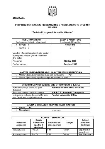Master niv.I (formulari) - Fakulteti Inxhinierise Mekanike