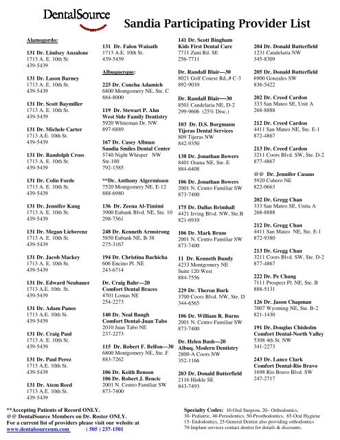Sandia Participating Provider List Dentalsource
