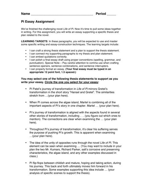 Topics For Essays In English Science And Technology Essay Topics also Examples Thesis Statements Essays Pi Essay Assignment Final Draft Wlwv Staff Blogs Narrative Essays Examples For High School