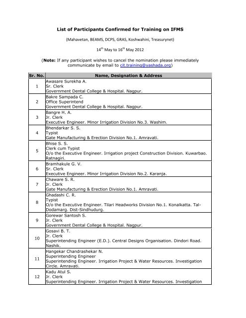 List of Participants Confirmed for Training on IFMS ... - yashada