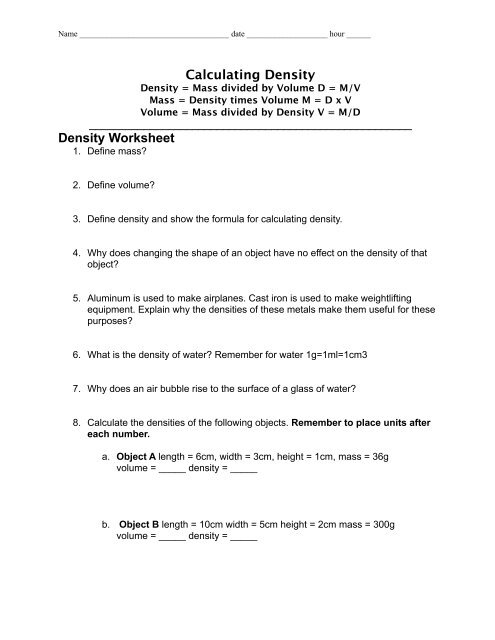 Density Work Sheet Non Calculator Teaching Resources | lupon.gov.ph