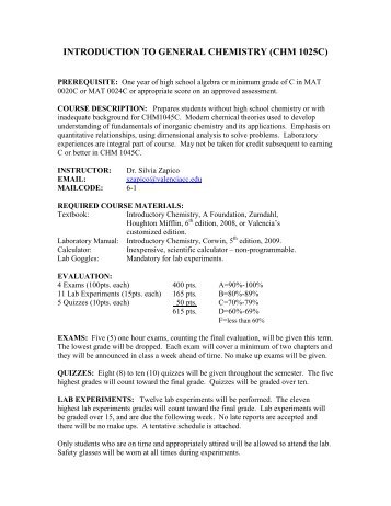 INTRODUCTION TO GENERAL CHEMISTRY (CHM 1025C)