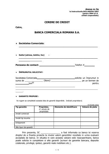 CERERE DE CREDIT BANCA COMERCIALA ROMANA S.A. - ANOFM