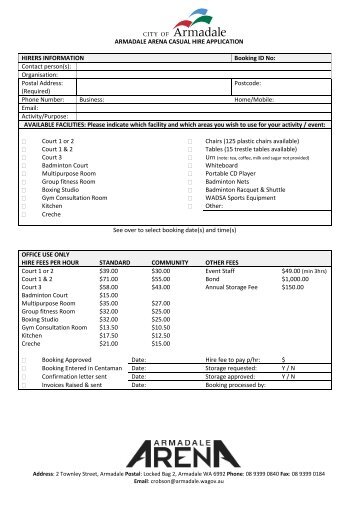 Facilities Hire Form (Casual and One-Off Bookings) - City of Armadale