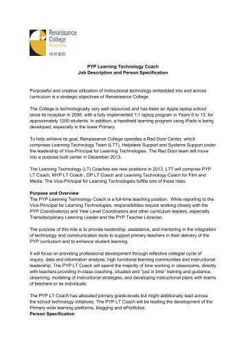 PYP Learning Technology Coach Job Description and Person ...