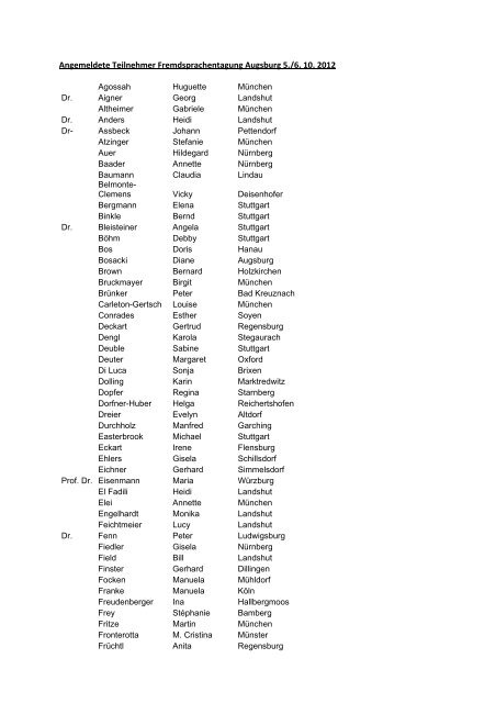 Angemeldete Teilnehmer Fremdsprachentagung Augsburg 5./6. 10 ...