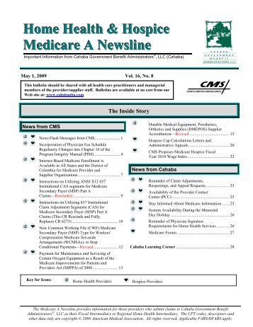 May 1, 2009, Home Health & Hospice Medicare A Newsline - CGS