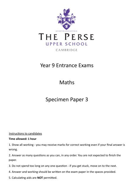 Year 9 Entrance Exams Maths Specimen Paper 3