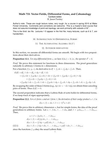 Math 733: Vector Fields, Differential Forms, and Cohomology