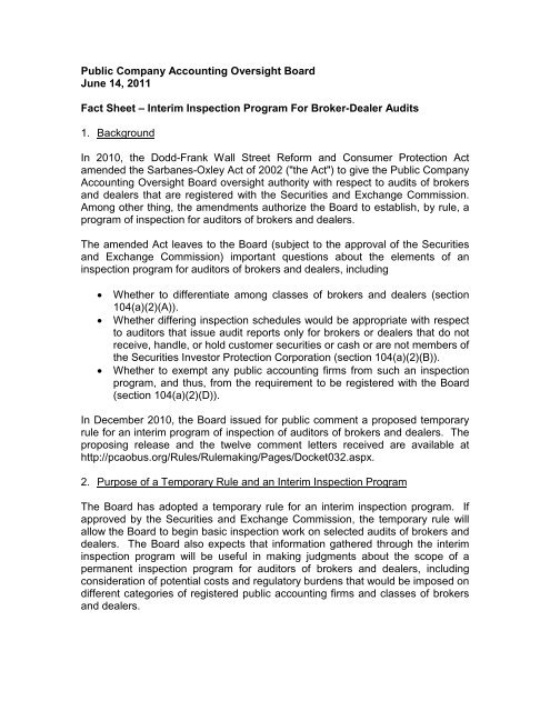 Fact Sheet - Interim Inspection Program for Broker-Dealer Audits