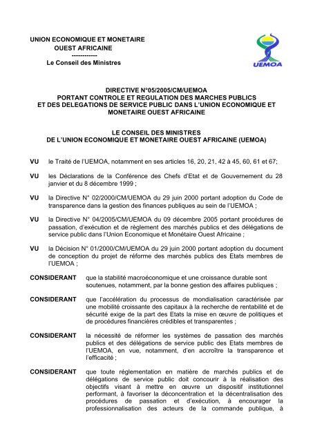 Directive n° 05/2005/CM/UEMOA portant contrôle et ... - IZF