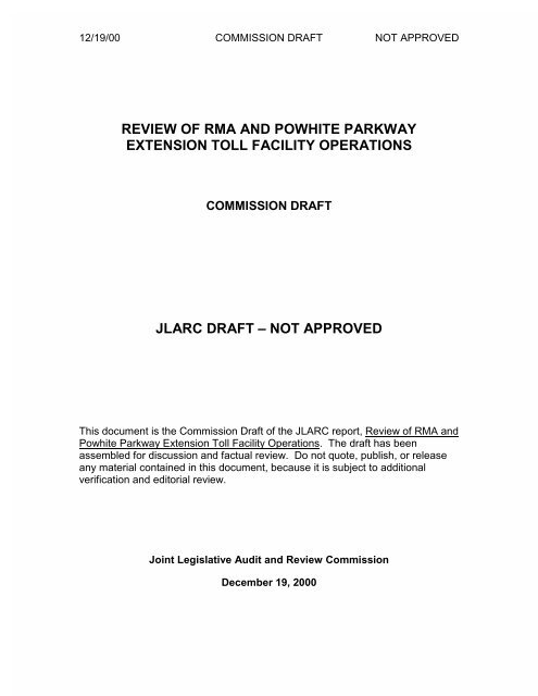 Draft - Virginia Joint Legislative Audit and Review Commission ...