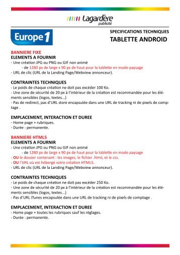 Normes tablette Android - Europe 1 (PDF) - LagardÃ¨re PublicitÃ©