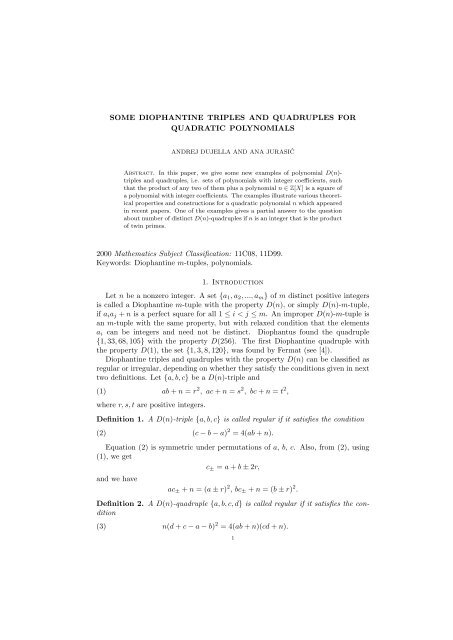 Some Diophantine triples and quadruples for quadratic polynomials