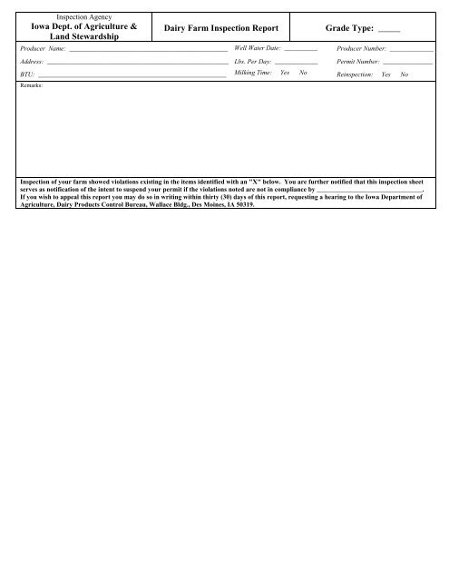 Dairy Farm Inspection Report - Iowa Department of Agriculture and ...