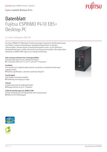 Datenblatt Fujitsu ESPRIMO P410 E85+ Desktop PC