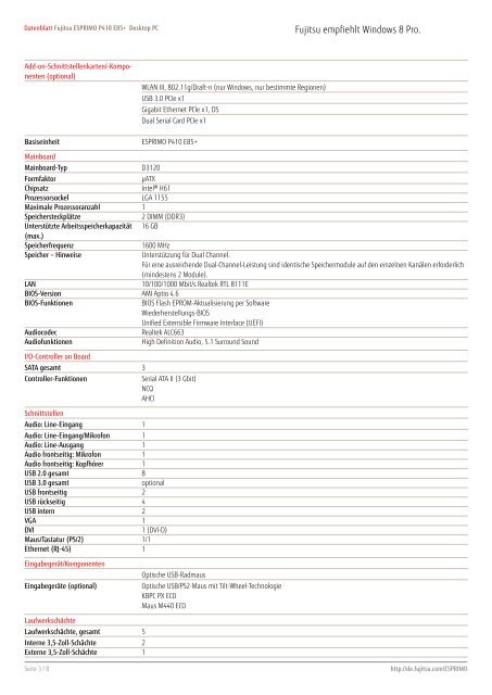 Datenblatt Fujitsu ESPRIMO P410 E85+ Desktop PC