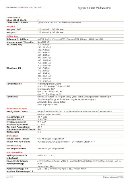 Datenblatt Fujitsu ESPRIMO P410 E85+ Desktop PC