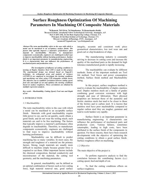 Surface Roughness Optimization Of Machining Parameters In ...
