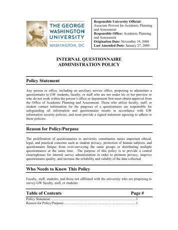 INTERNAL QUESTIONNAIRE ADMINISTRATION POLICY Policy ...