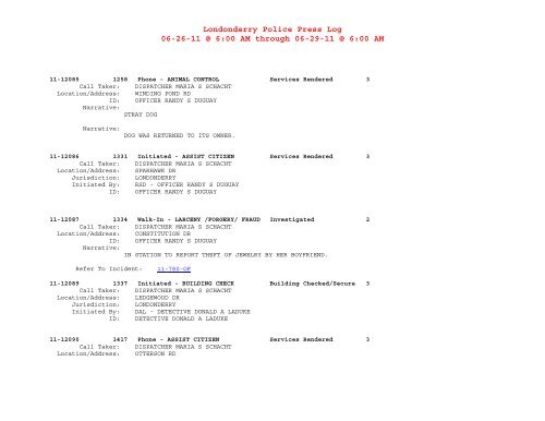 Londonderry Police Press Log 06-25-11 @ 6:00 AM through 06-26 ...